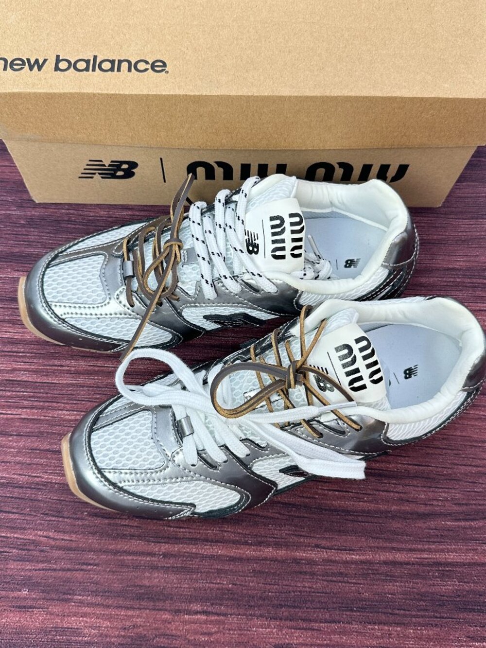 Miu Miu x New Balance Silver and White Retro Running Shoes